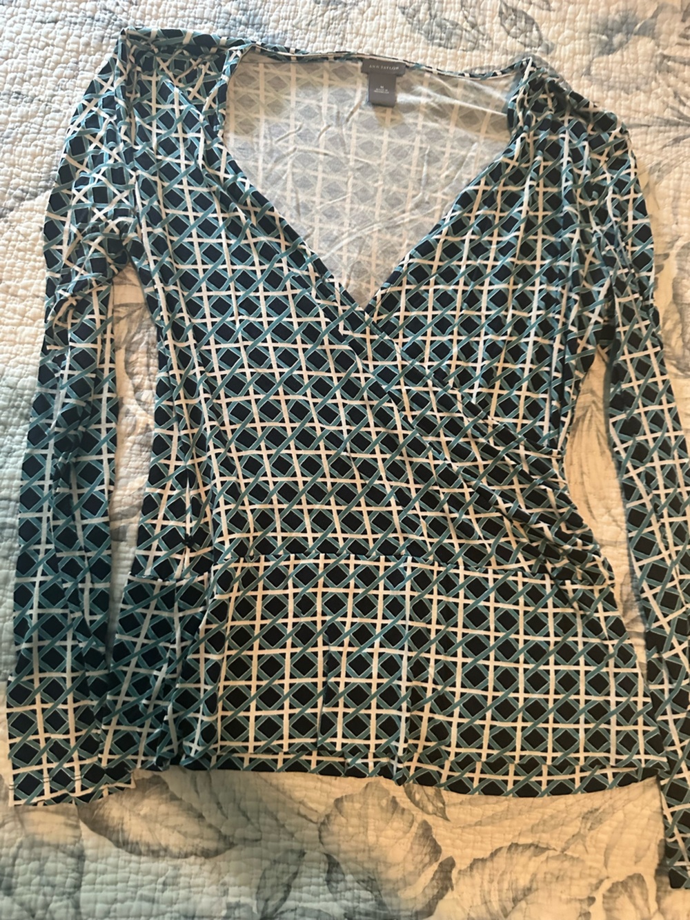 Ann Taylor Teal, Black and White Geometric Wrap-Style Blouse